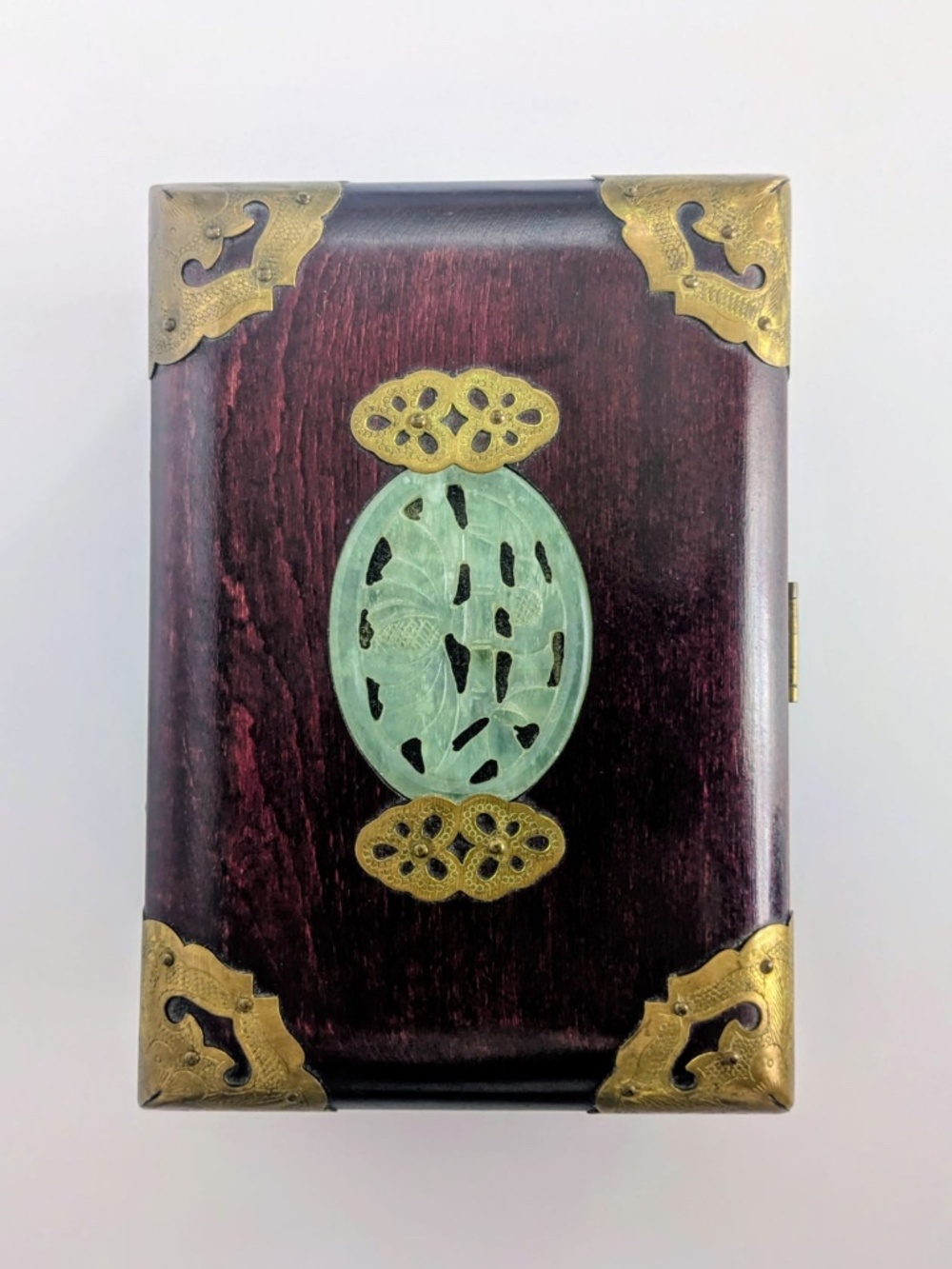 Vintage Chinese Rosewood and Brass Jewelry Box with Carved Waterlily Inlay